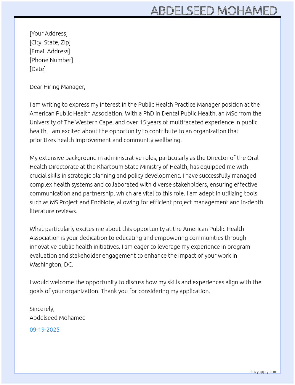 Public Health Practice Manager At American Public Health Association Cover Letter