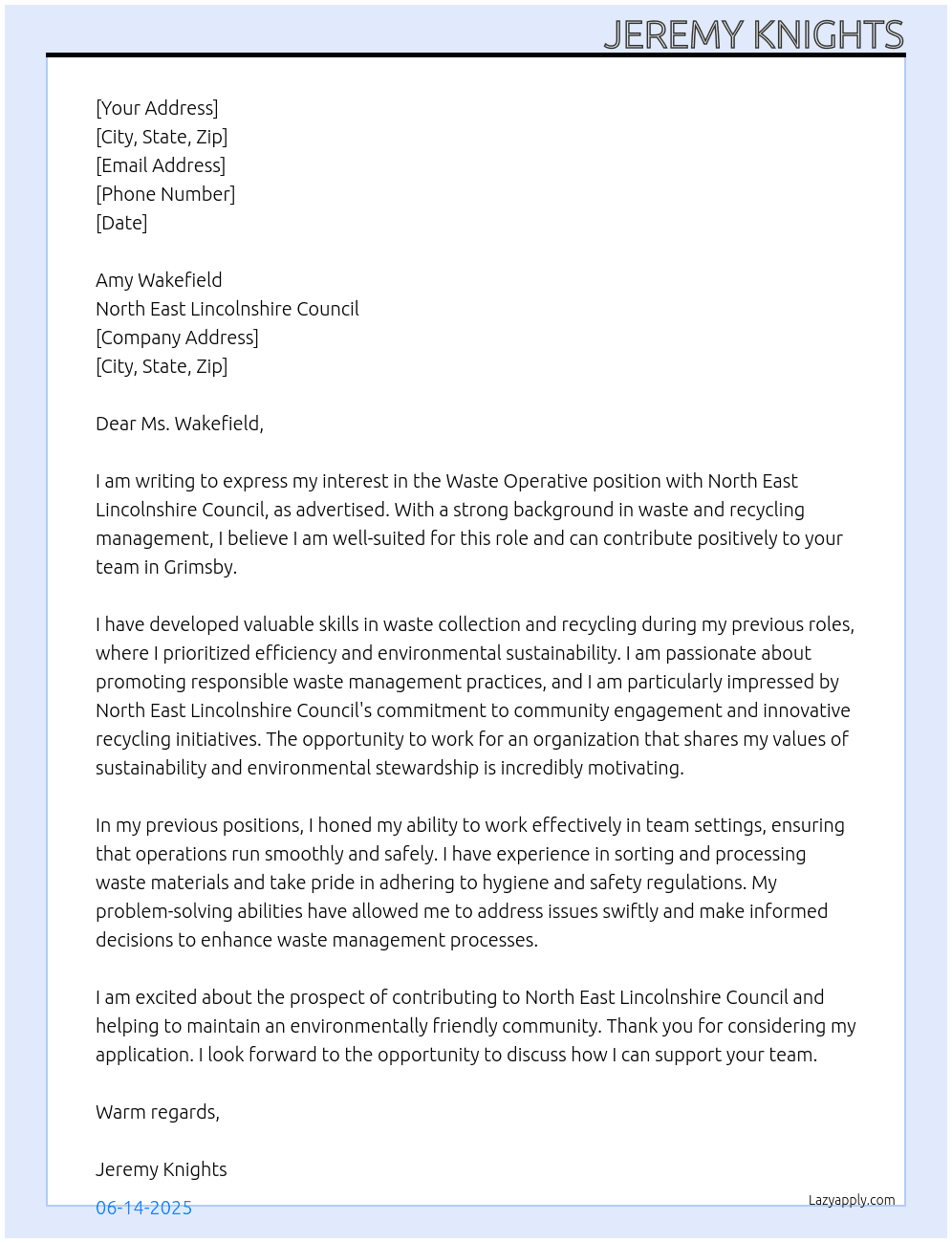 waste operative At North East Lincolnshire Council Cover Letter