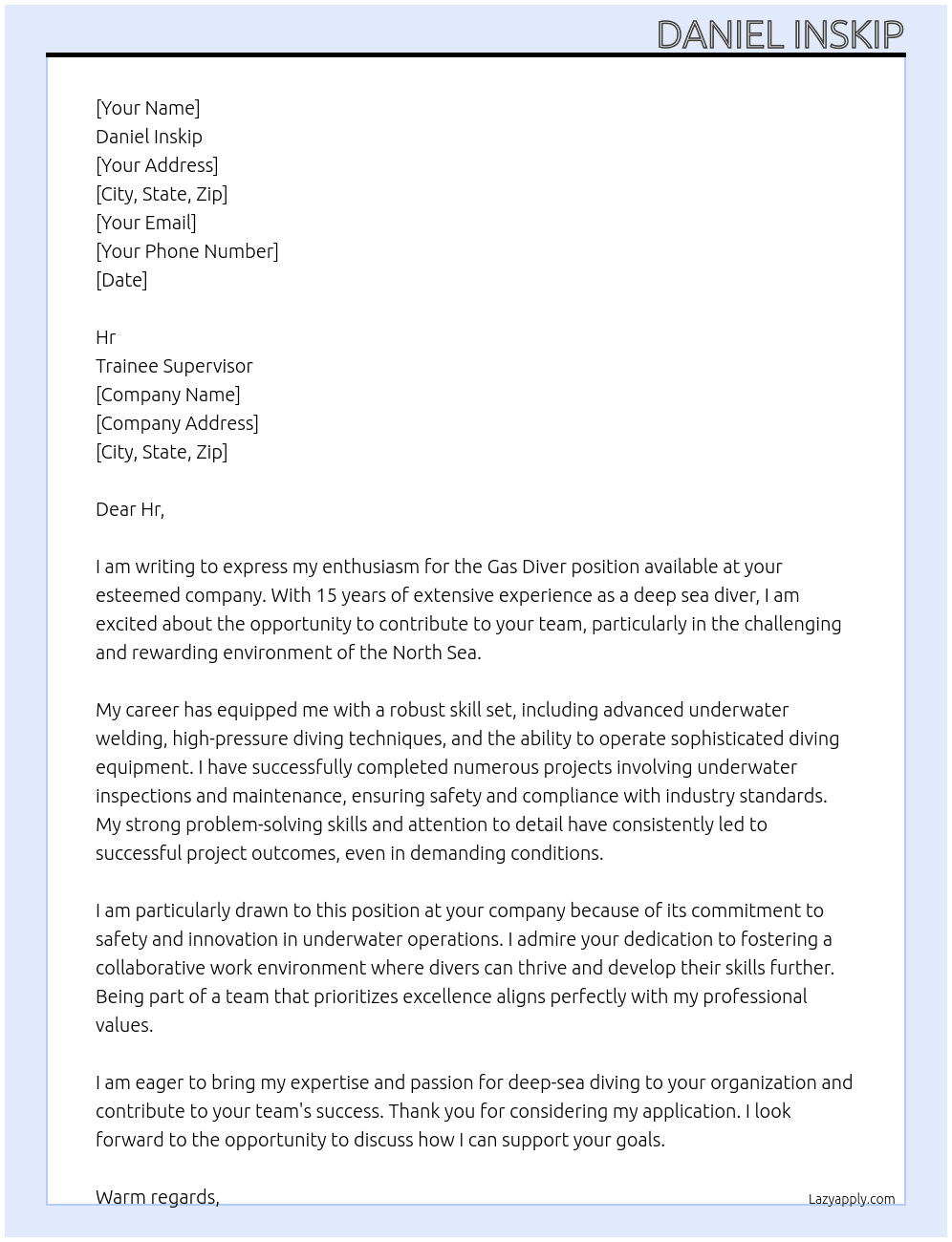 Deep sea diver  At Trainee supervisor  Cover Letter