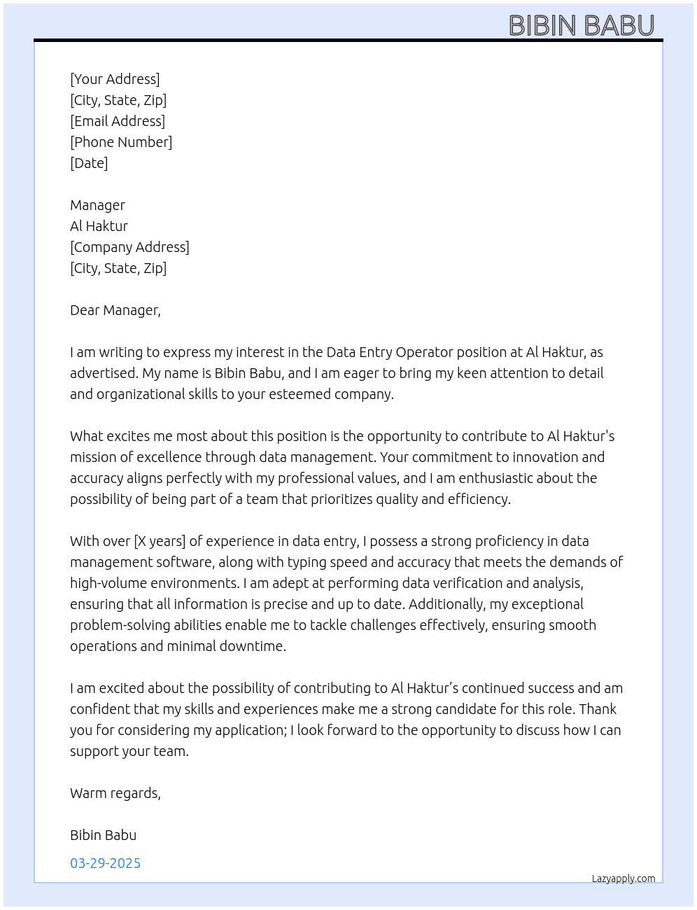 Data entry operator  At Al Haktur Cover Letter