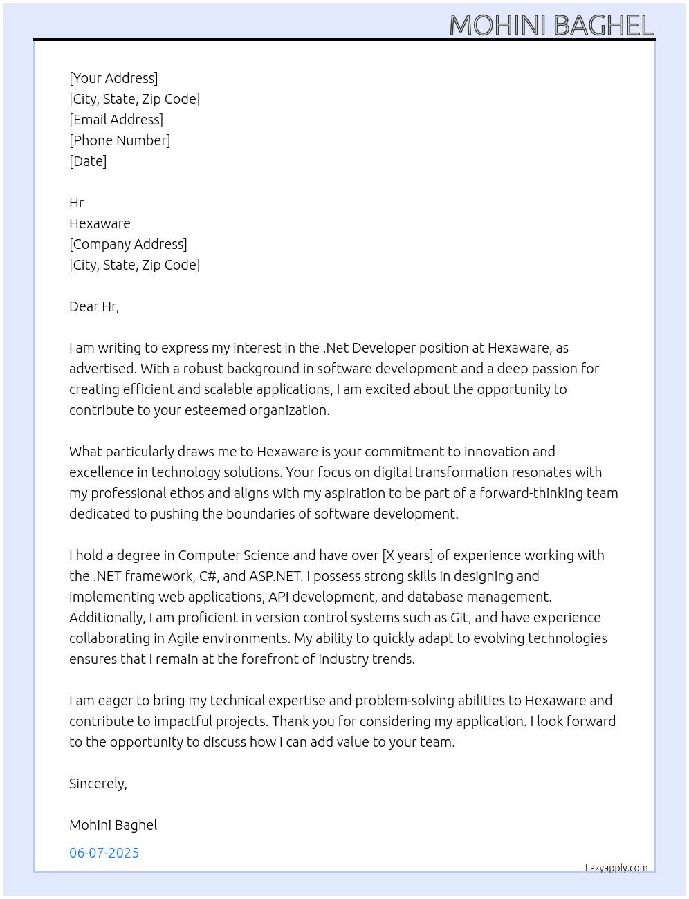 .Net Developer At Hexaware Cover Letter