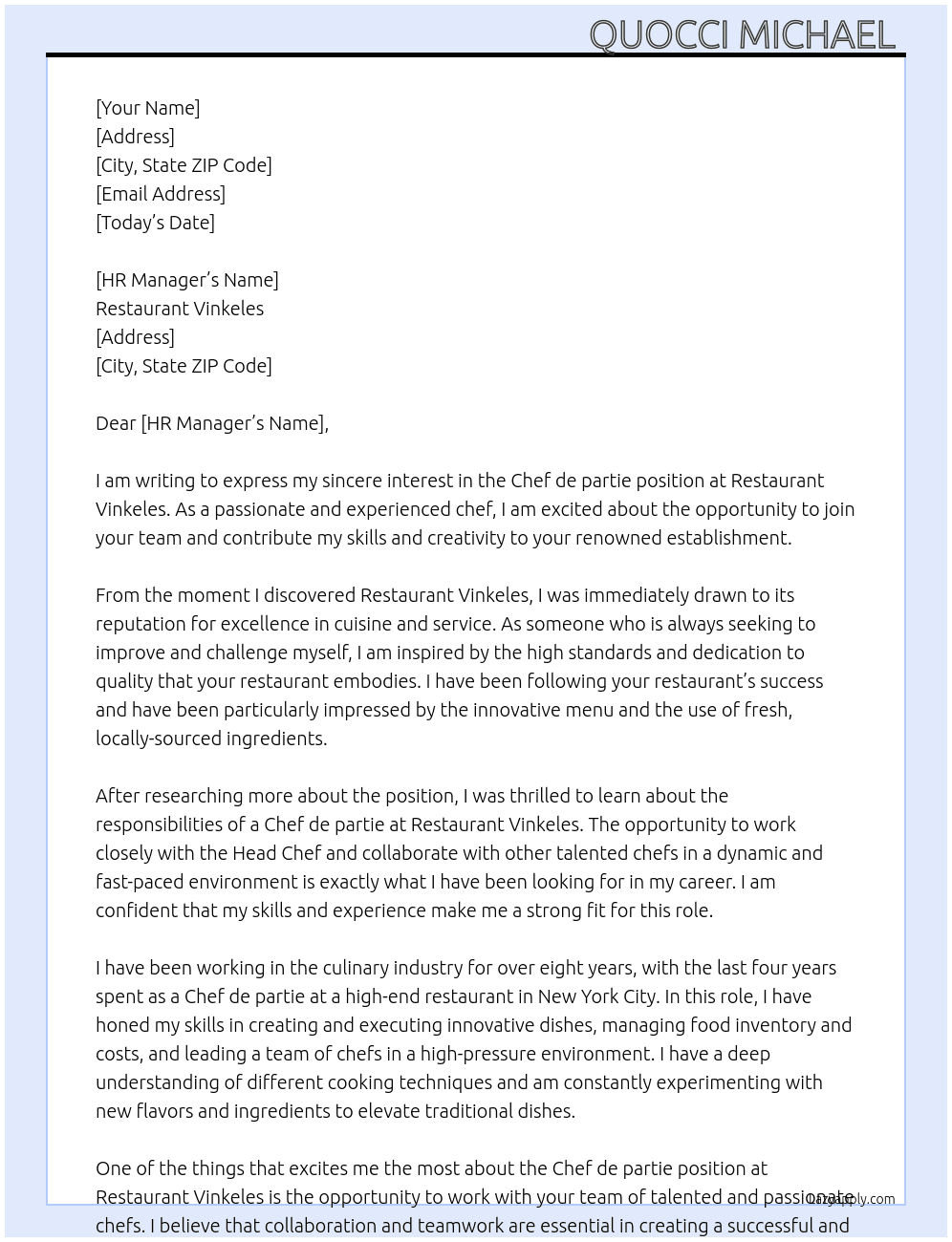 Chef de partie At Restaurant Vinkeles Cover Letter