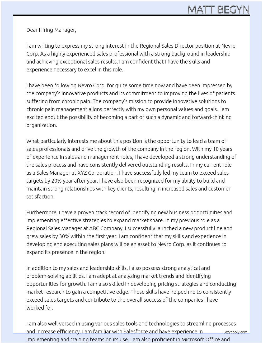 Regional Sales Director At Nevro Corp. Cover Letter