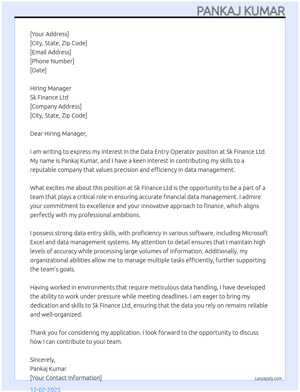 Data entry oprator At Sk finance ltd Cover Letter