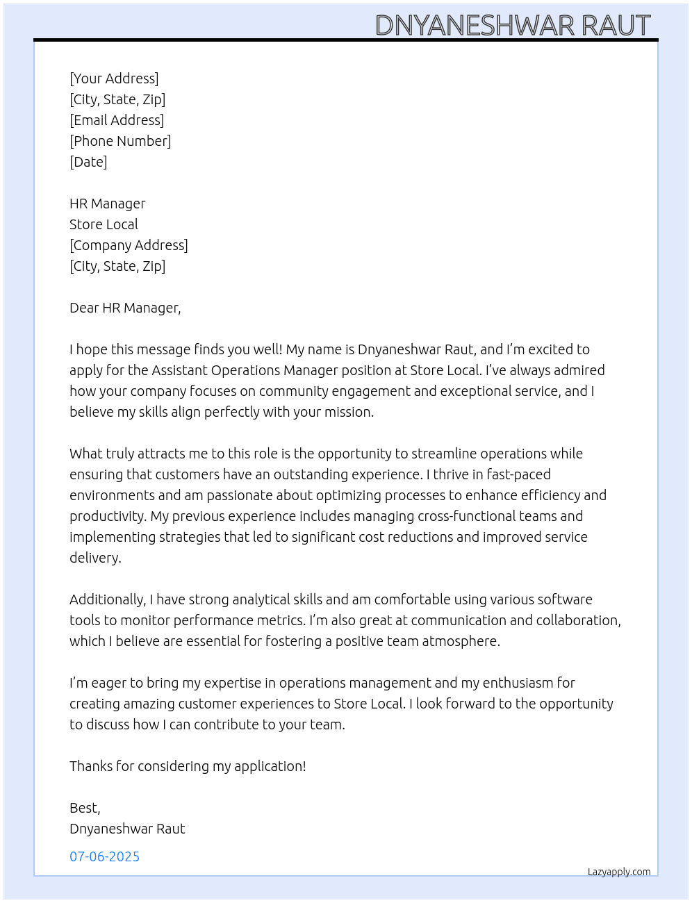 Assistant operation manager  At Store local Cover Letter