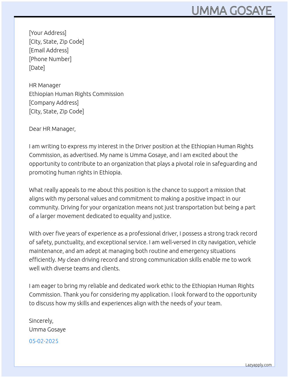 Driver  At Ethiopian Human Rights Commission Cover Letter