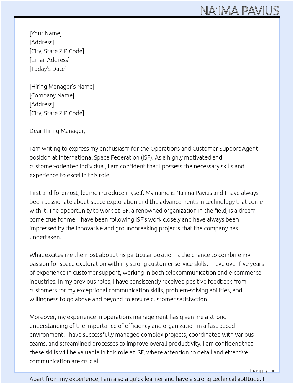 Cover letter for operations and customer support agent - LazyApply
