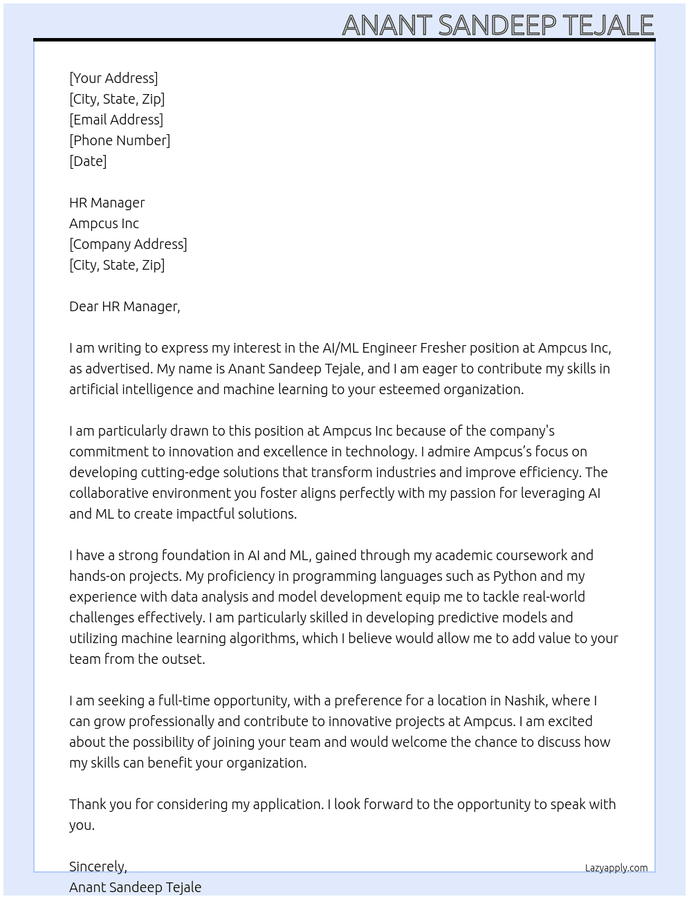 AI/ML ENGINEER FRESHER  At Ampcus Inc  Cover Letter