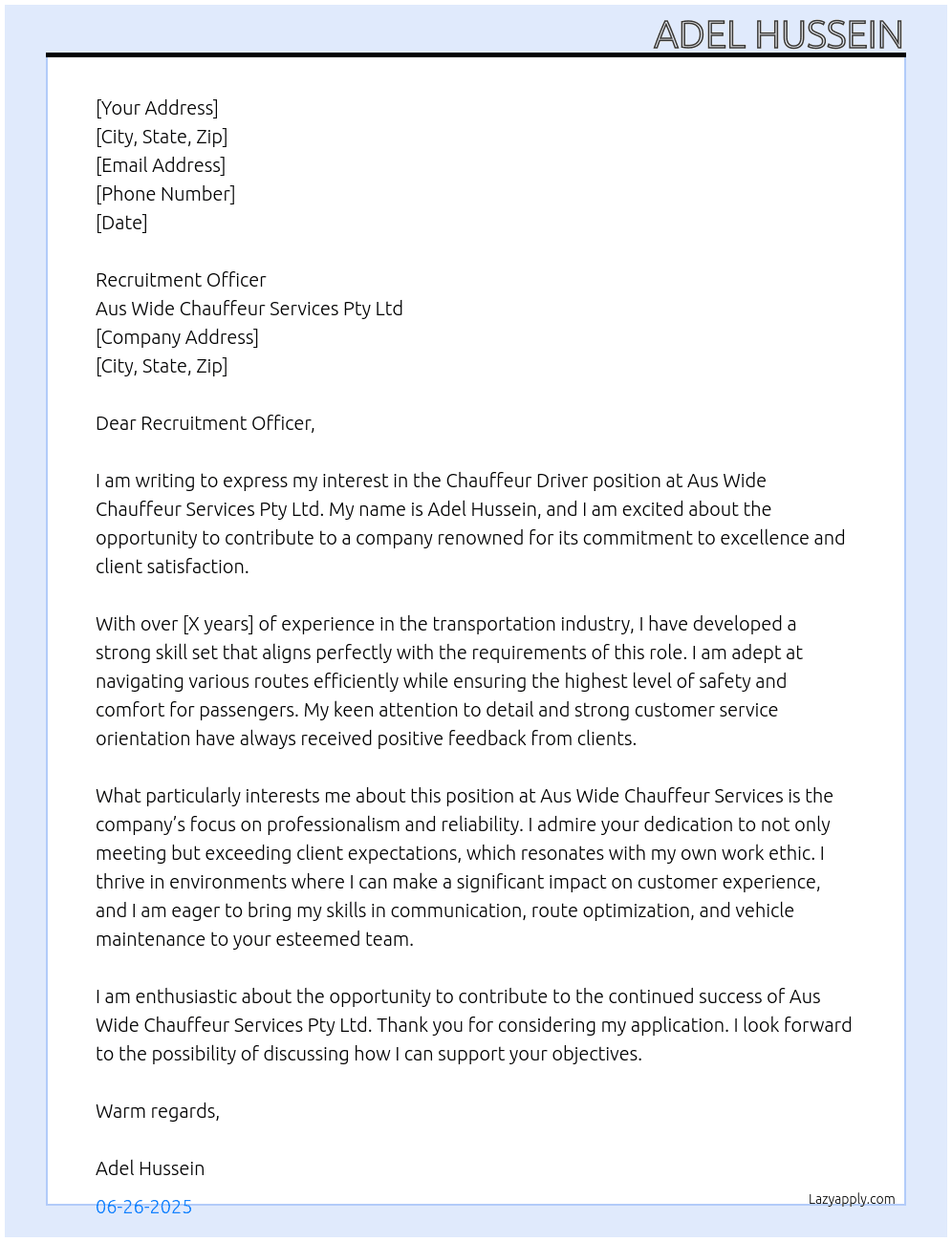 Chauffeur Driver At Aus Wide Chauffeur Services Pty Ltd Cover Letter