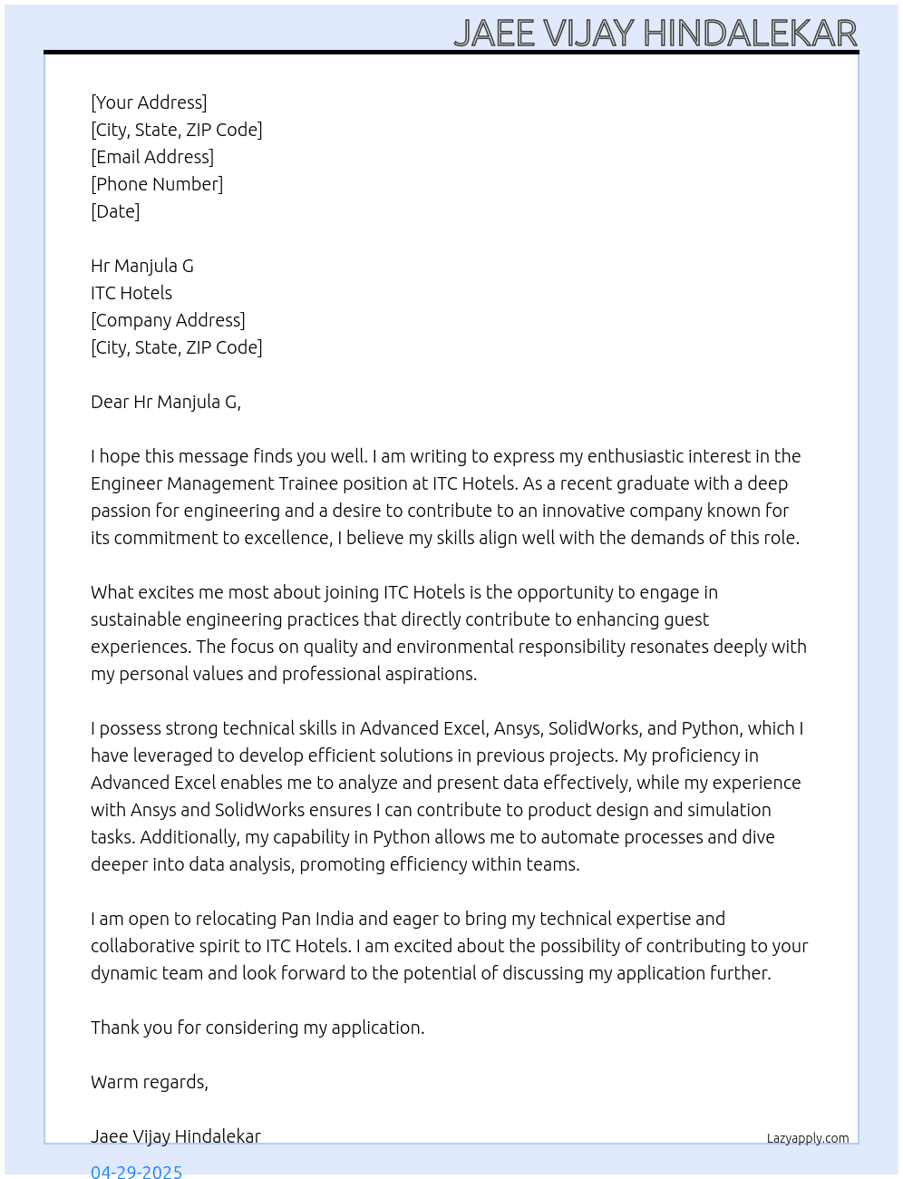 Engineer Management Trainee At ITC Hotels Cover Letter