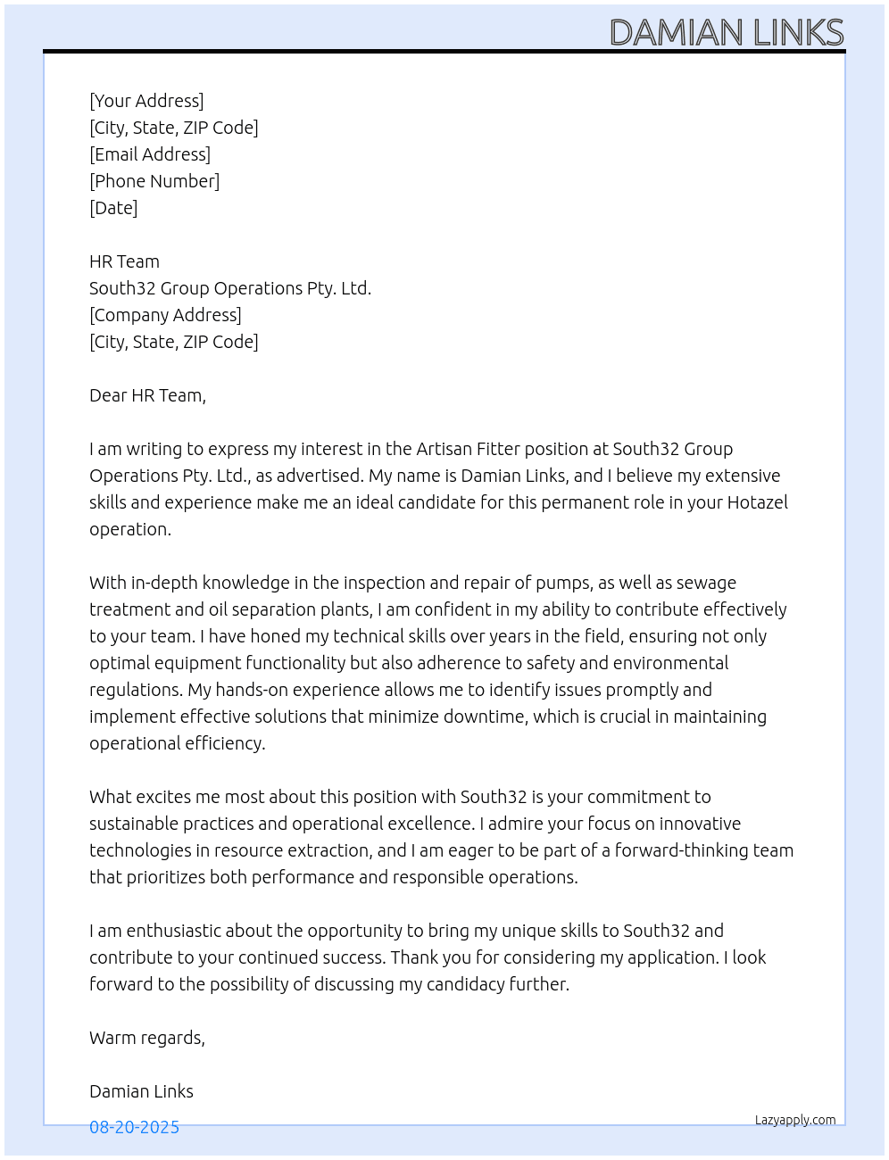 Artisan Fitter At South32 Group Operations Pty. Ltd. Cover Letter