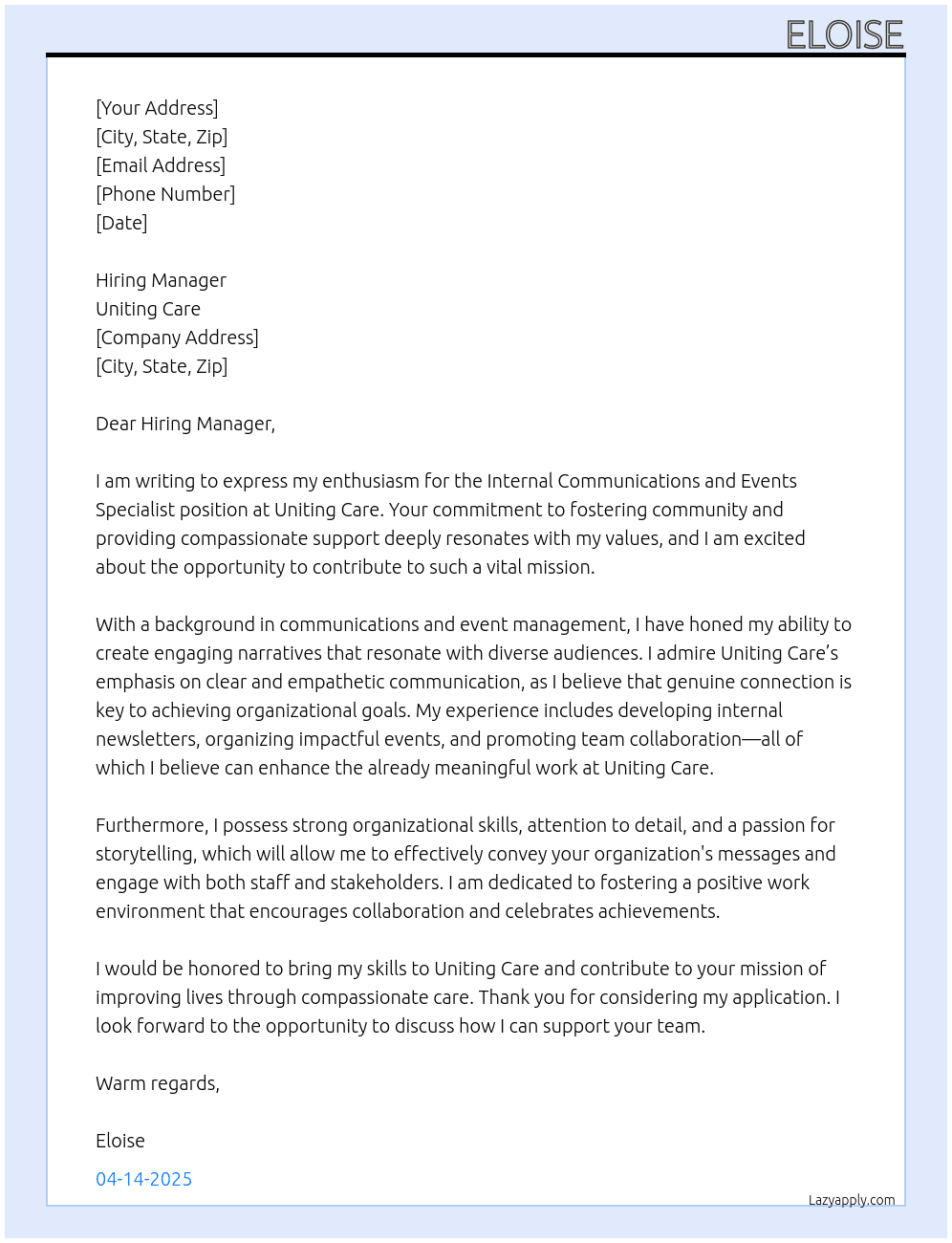 Internal Communications and Events Specialist At Uniting Care Cover Letter