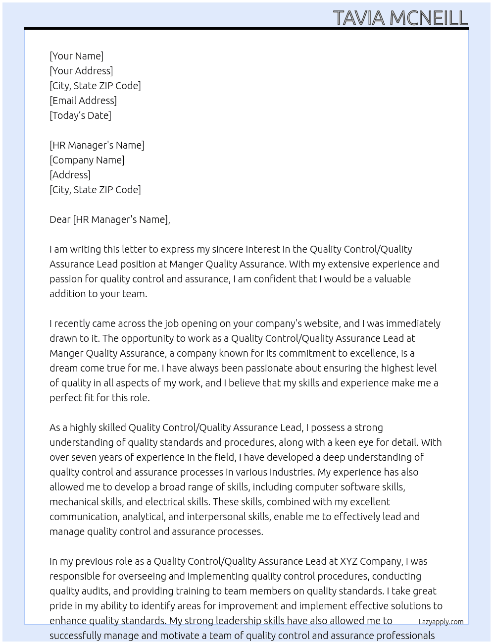 Quality Control/Quality Assurance Lead At Manger Quality Assurance  Cover Letter