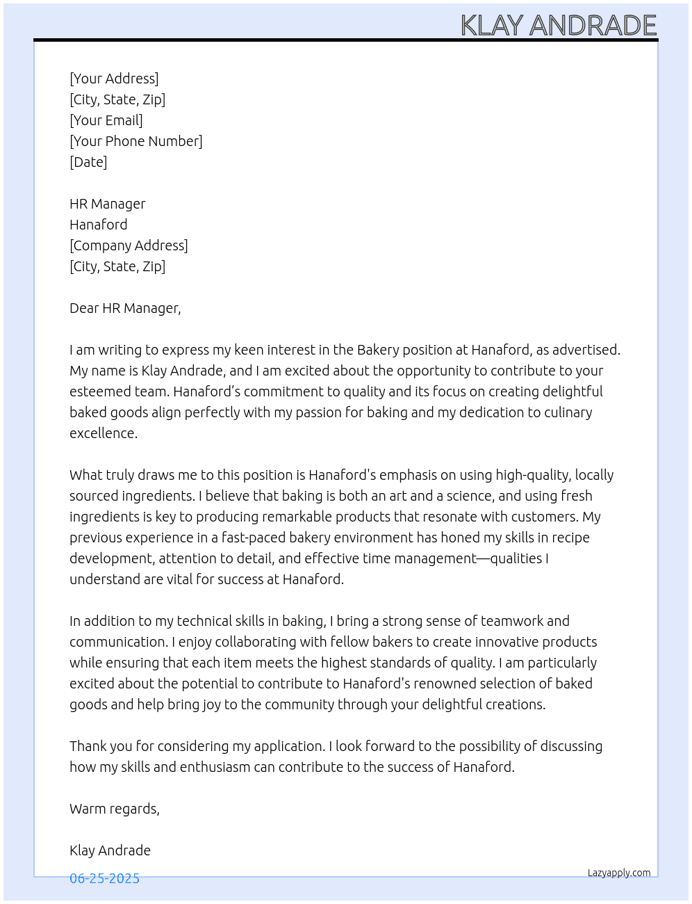 Bakery At Hanaford Cover Letter