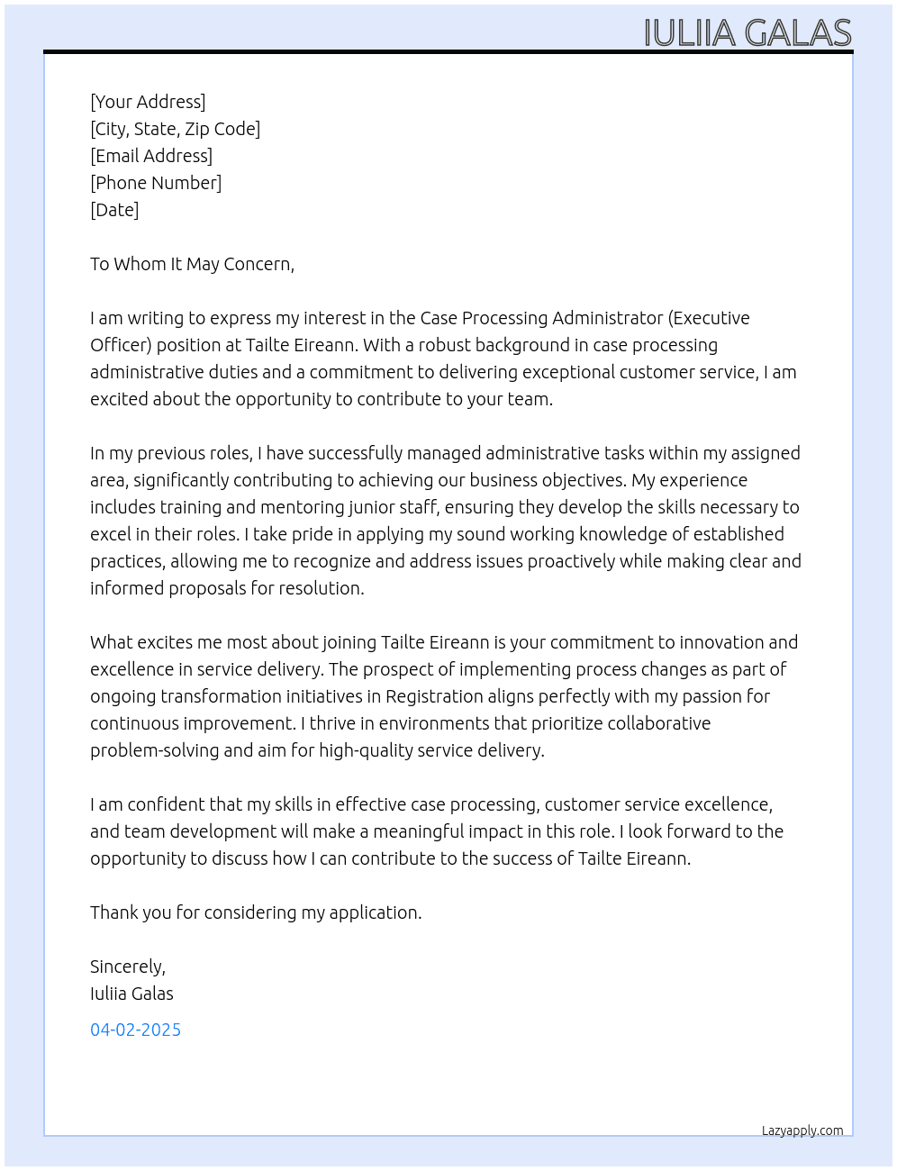 Case Processing Administrator   (Executive Officer) At Tailte Eireann  Cover Letter