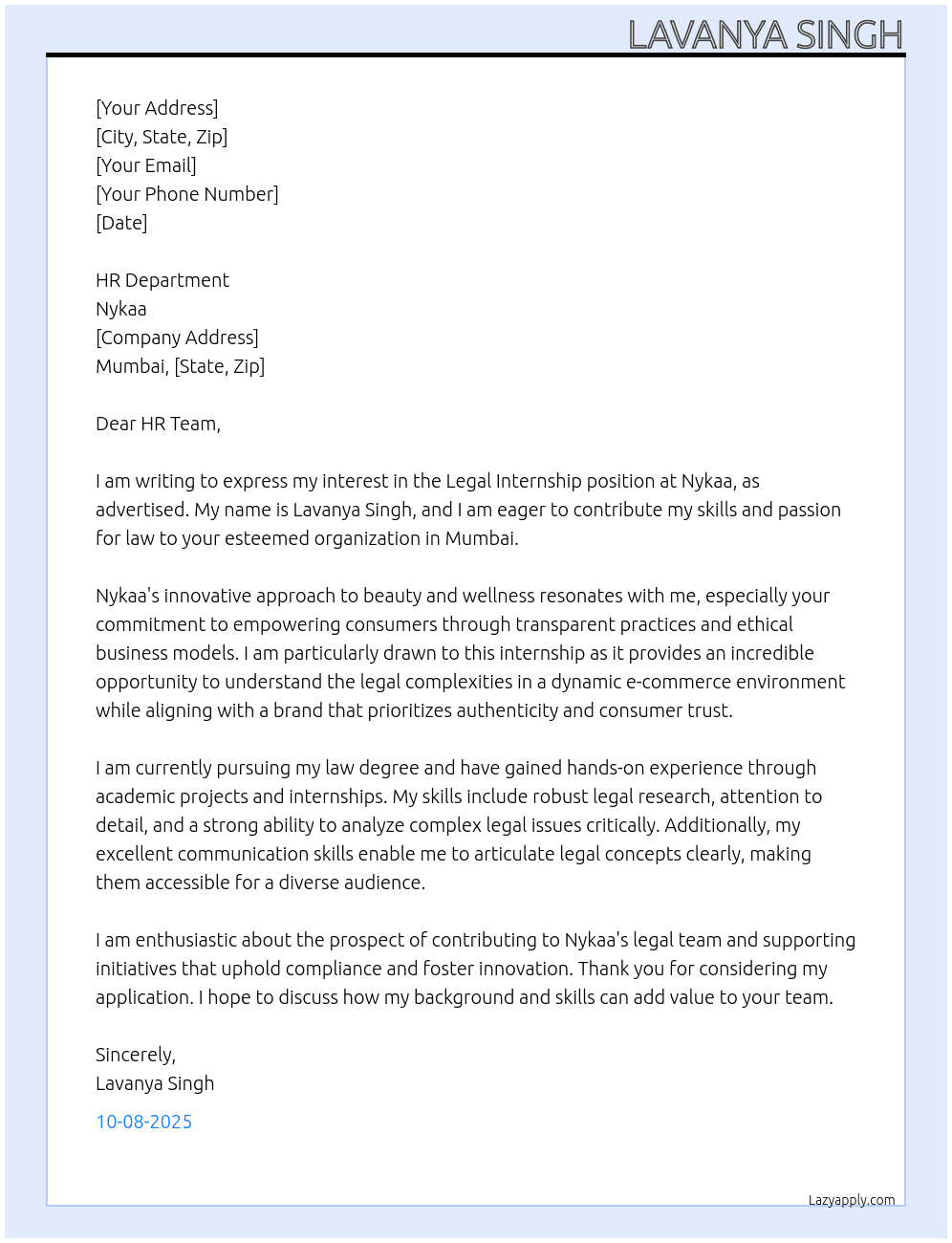 legal internship At nykaa Cover Letter
