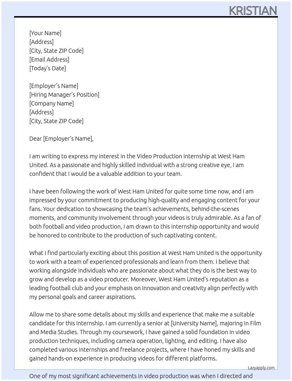Video Production Internship  At West Ham United Cover Letter
