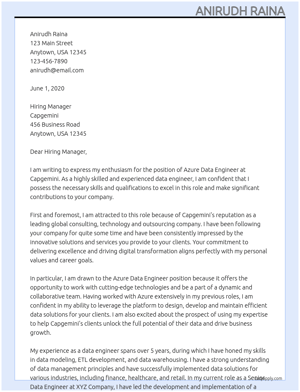 azure data engineer At Capgemini Cover Letter