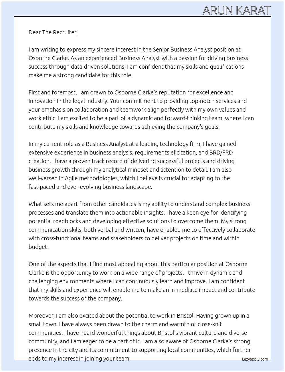 Senior Business Analyst At Osborne Clarke Cover Letter