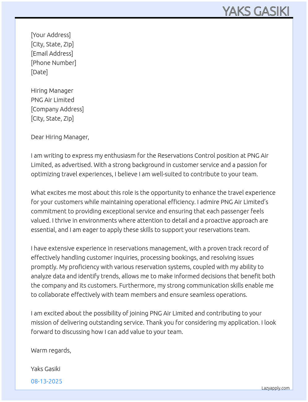 Reservations Control At PNG Air Limited  Cover Letter