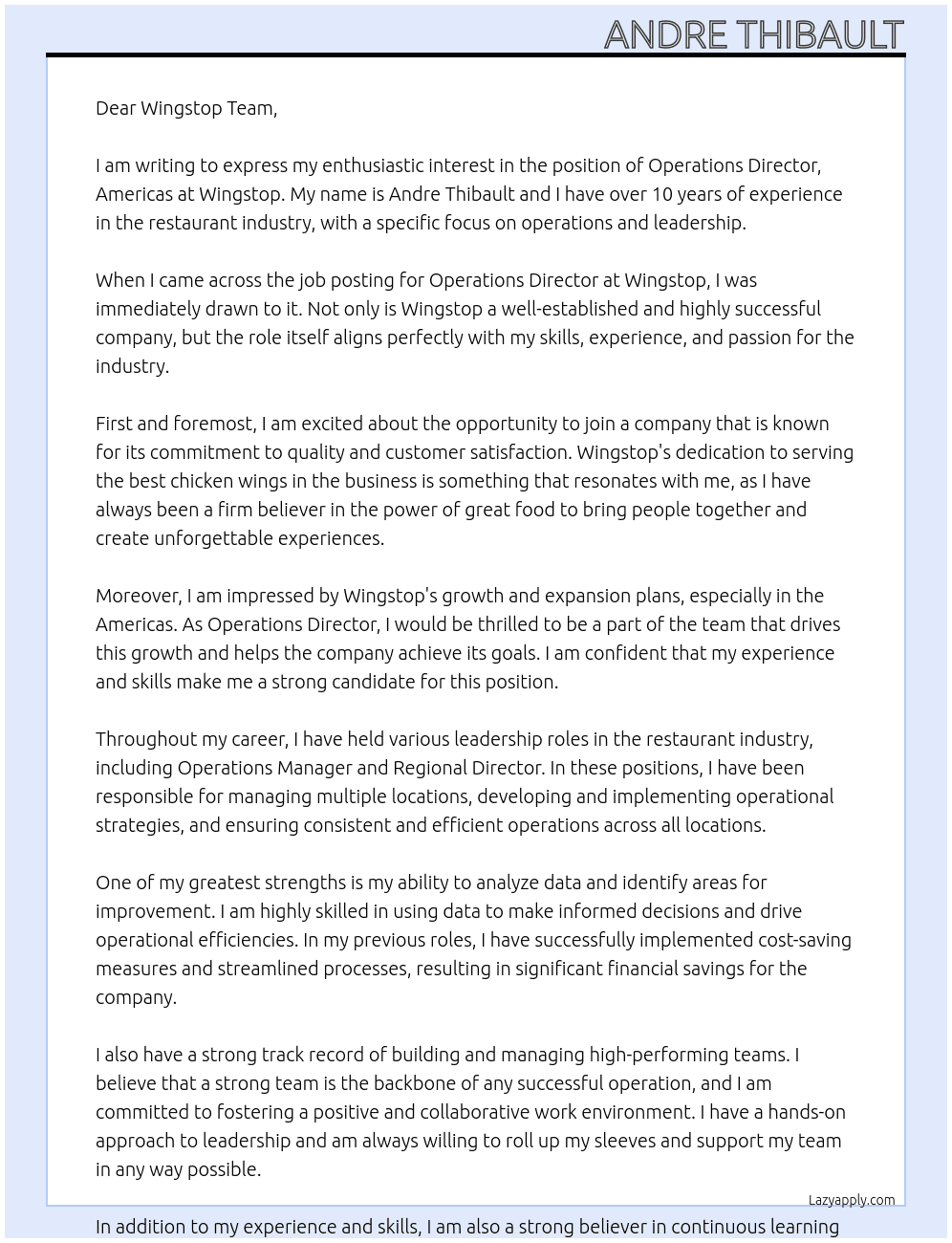 Operations Director, Americas At Wingstop Cover Letter