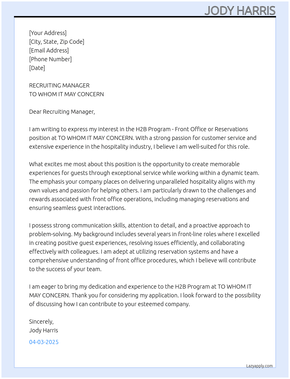 H2B PROGRAM- FRONT OFFICE OR RESERVATIONS At TO WHOM IT MAY CONCERN Cover Letter