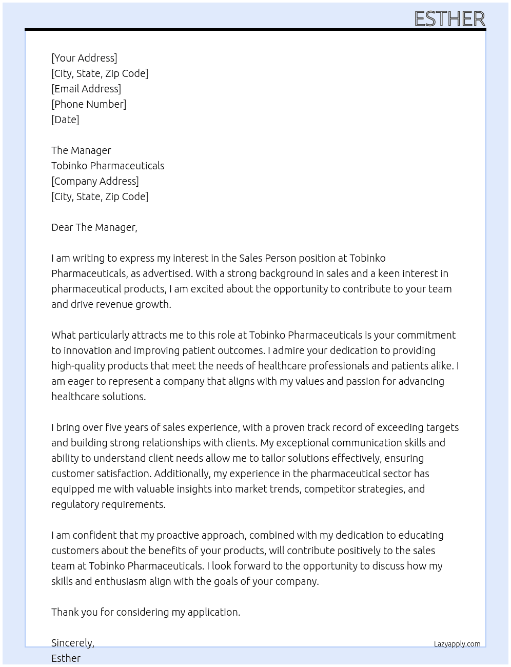 Sales Person At Tobinko Pharmaceuticals Cover Letter