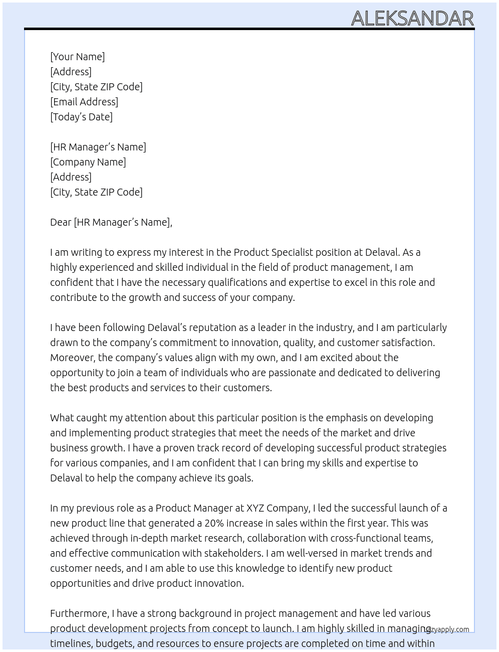 Prodzct specialist At Delaval Cover Letter