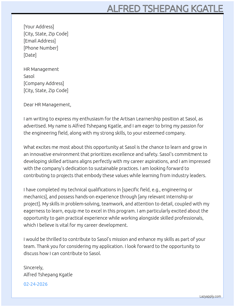 Cover letter for artisan learnership - LazyApply