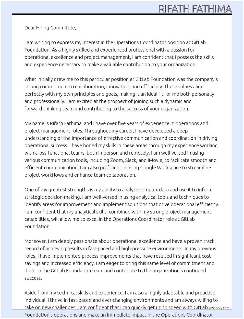 Operations Coordinator At GitLab Foundation Cover Letter