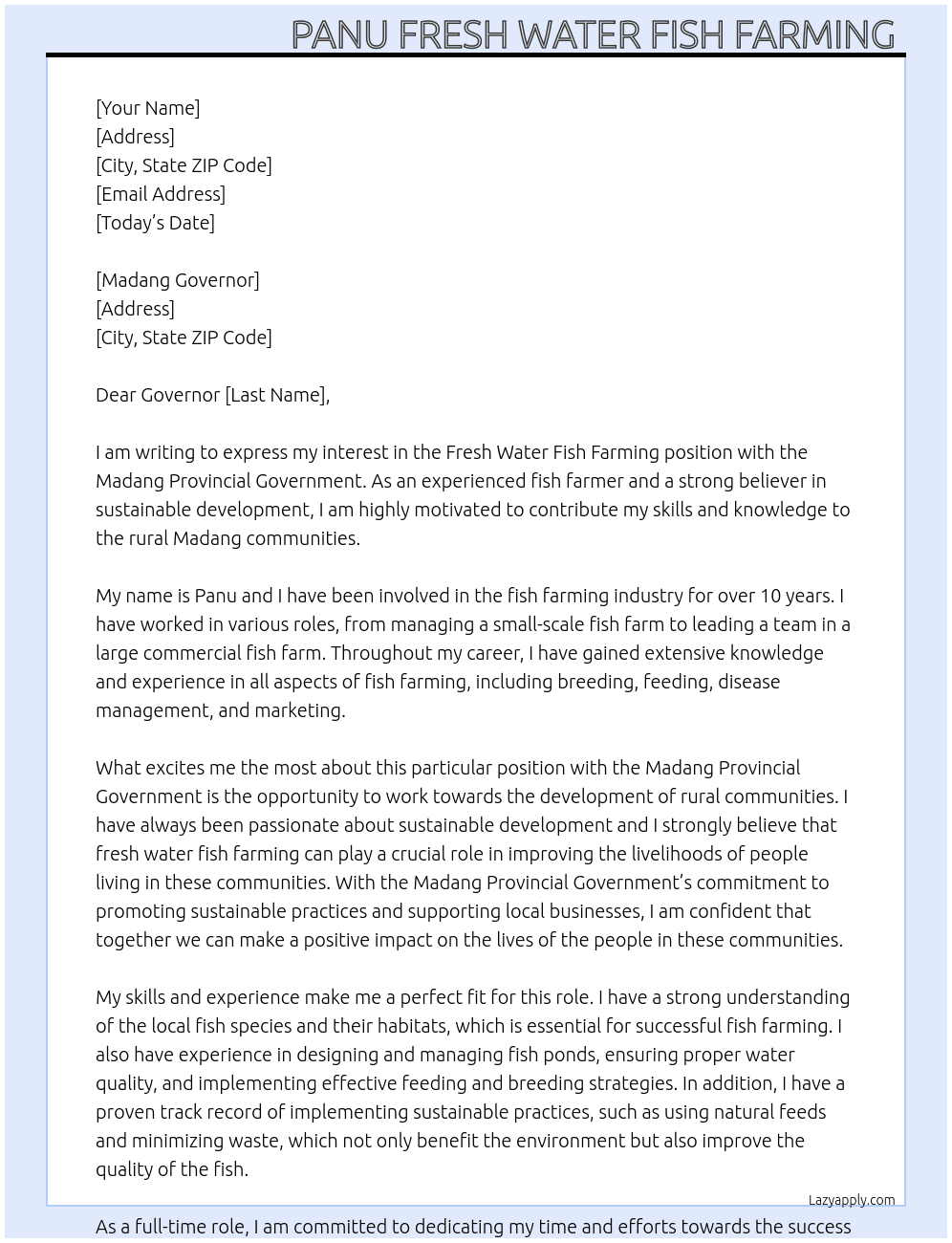 Fresh Water Fish Farming  At Madang Provincial Government  Cover Letter
