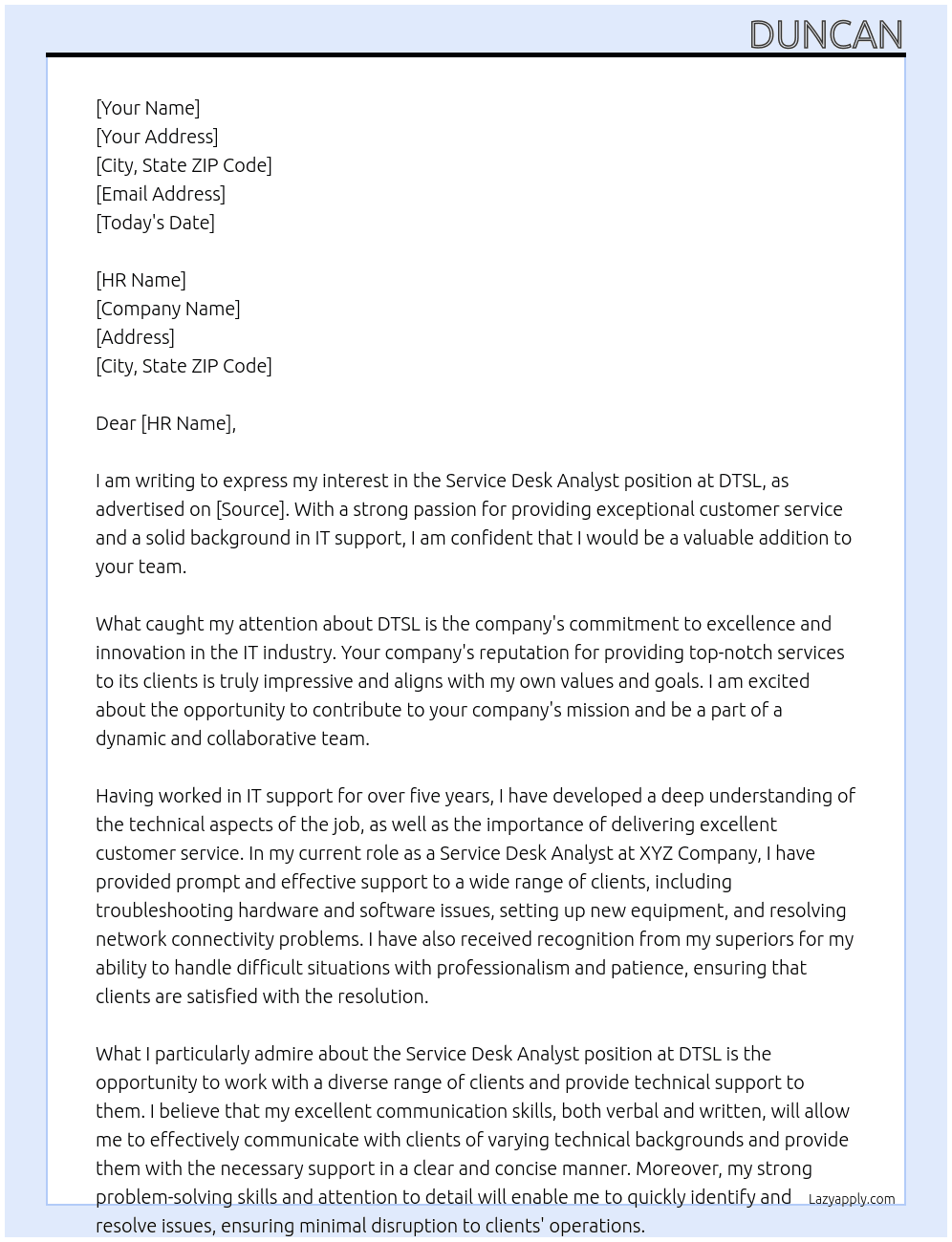 Service Desk Analyst At DTSL Cover Letter
