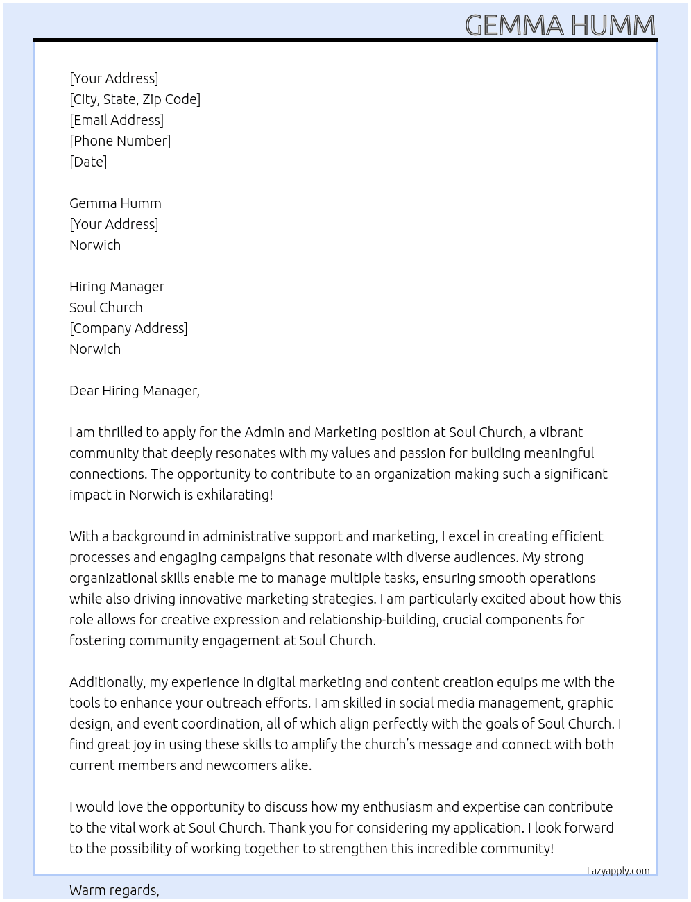Admin and Marketing  At Soul Church Cover Letter