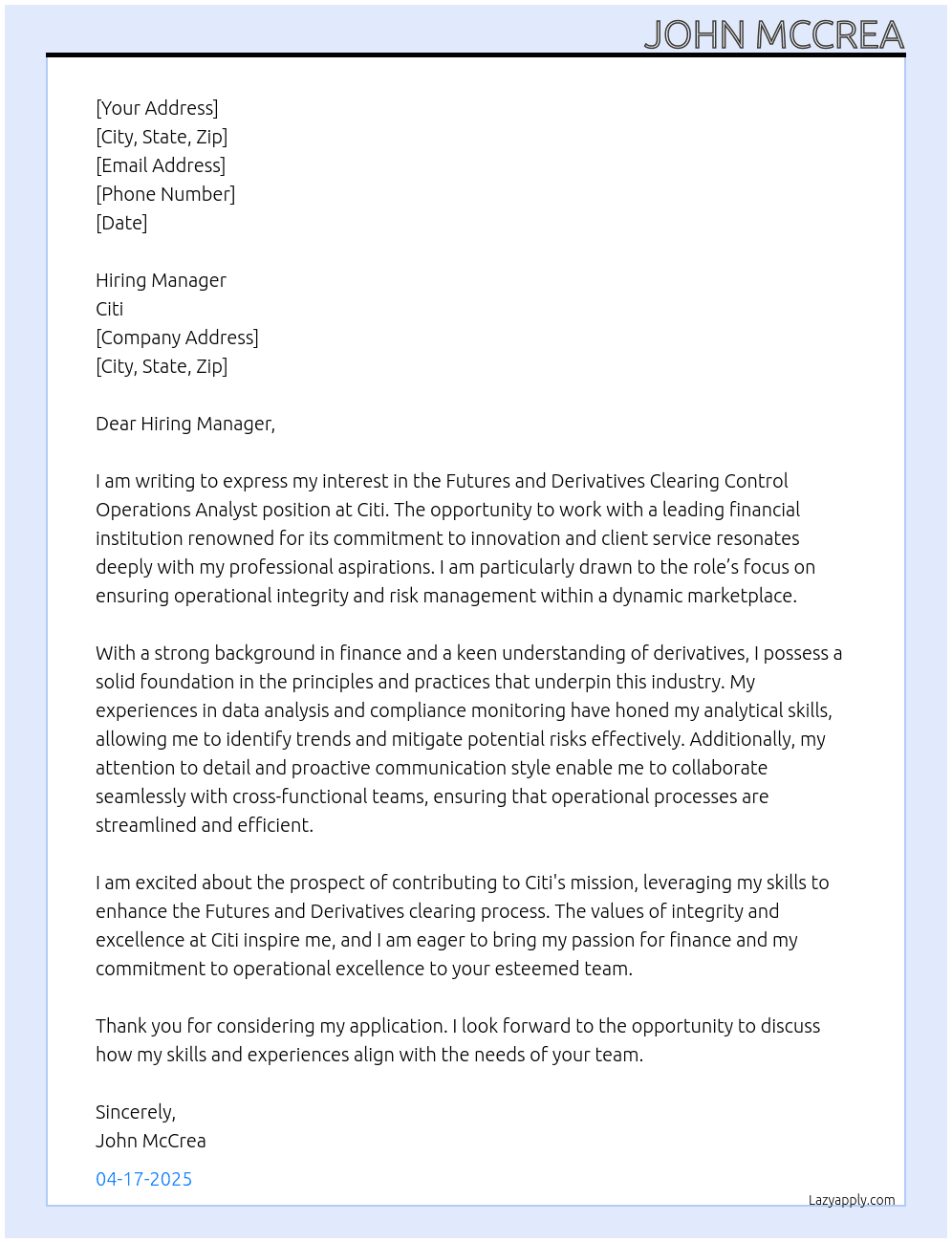 Futures and Derivatives Clearing Control Operations Analyst At Citi Cover Letter