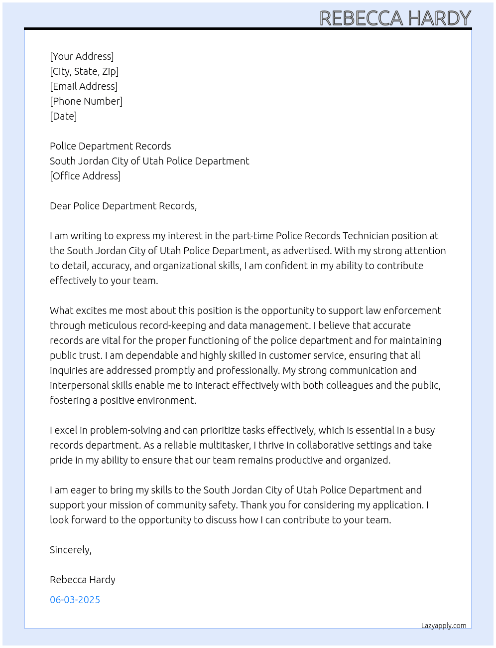 Cover letter for police records technician - LazyApply