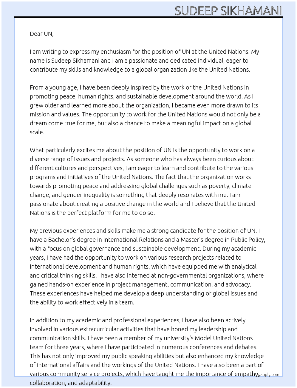 UN  At United Nations  Cover Letter