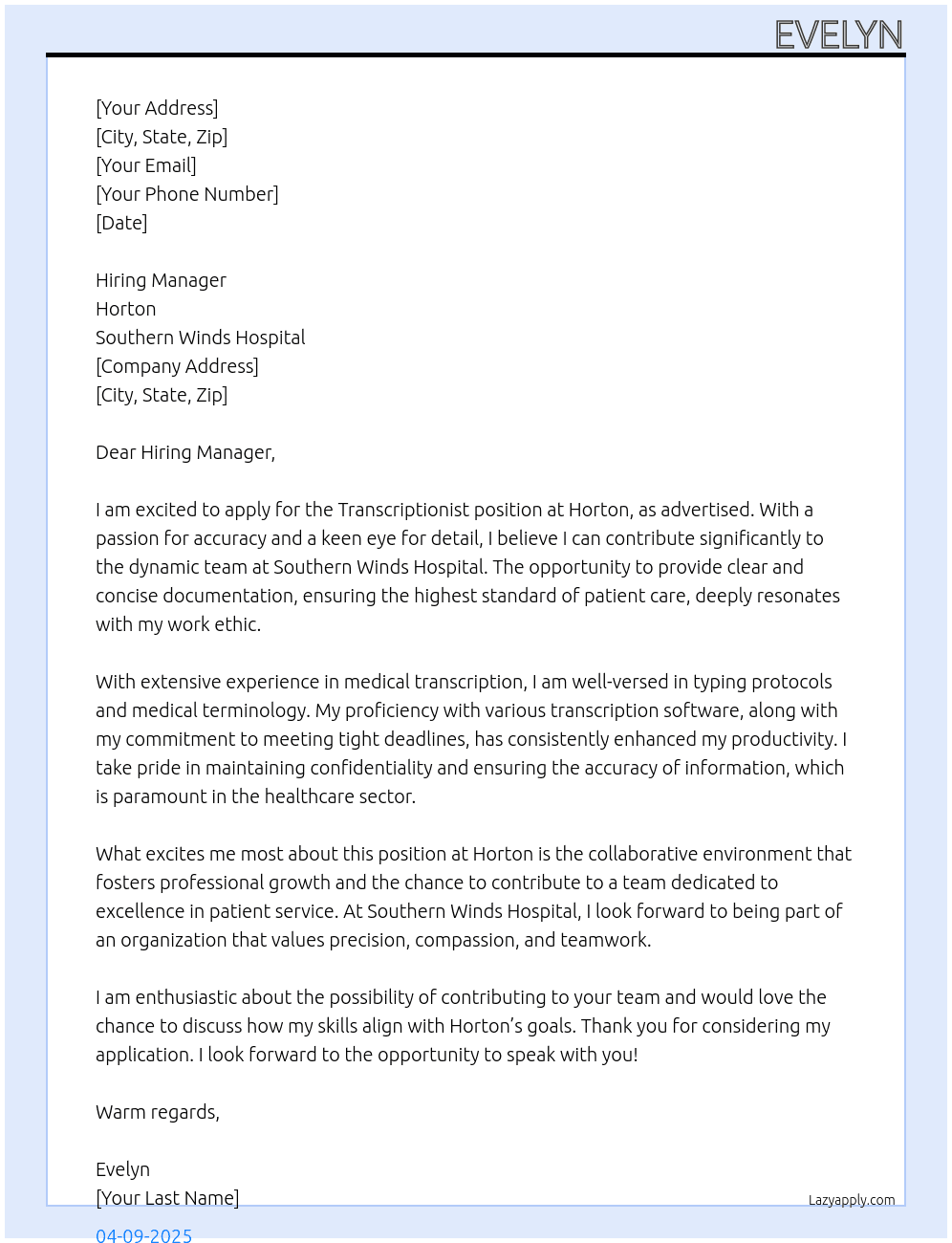 Transcriptionist At Horton Cover Letter