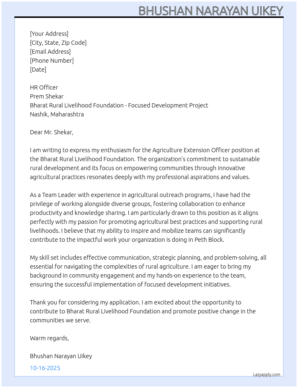 Cover letter for agriculture extension officer - LazyApply