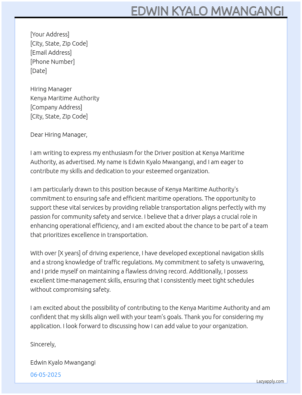 Driver  At Kenya Maritime Authority  Cover Letter