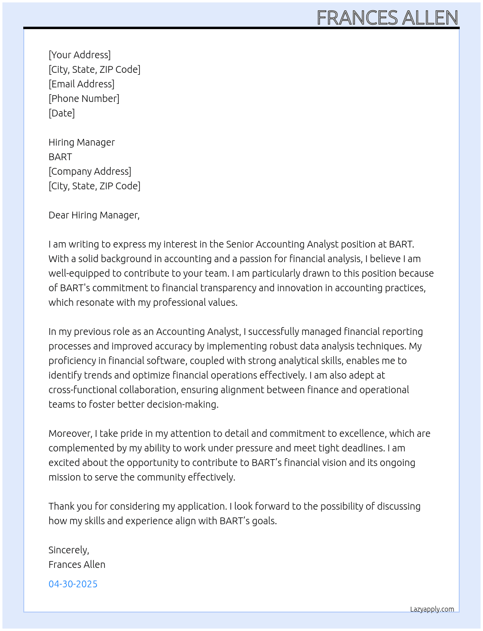 Senior Accounting Analyst At BART Cover Letter
