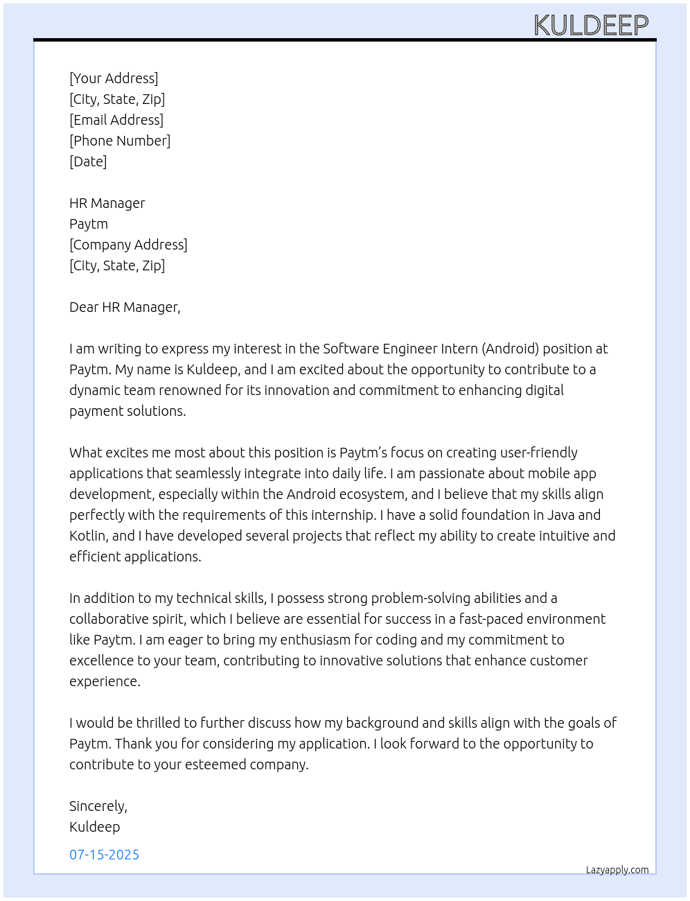 Cover letter for software engineer intern android - LazyApply