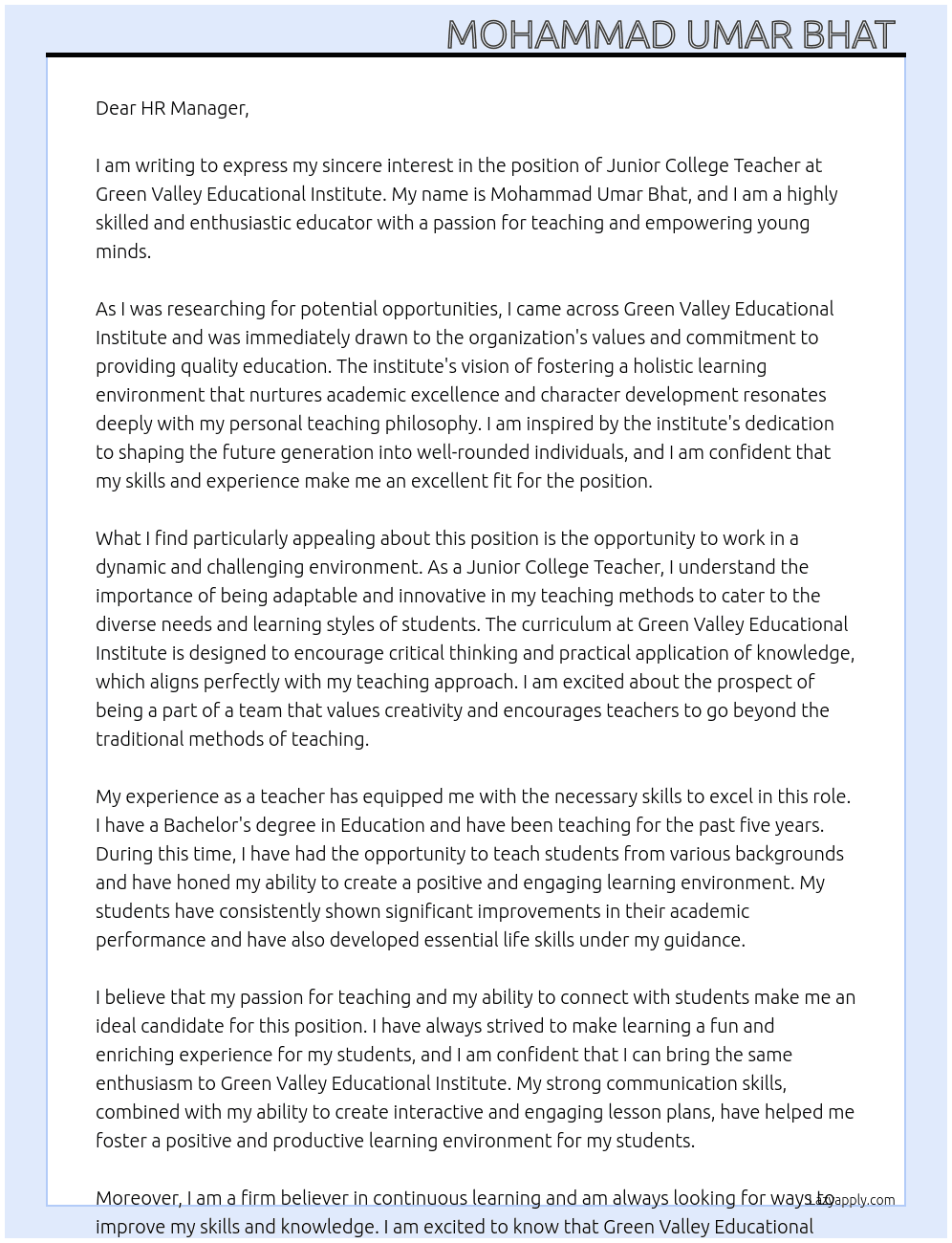 Junior college Teacher At Green Valley Educational Institute  Cover Letter