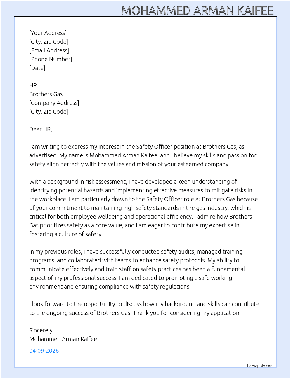 Safety officer  At Brothers gas  Cover Letter