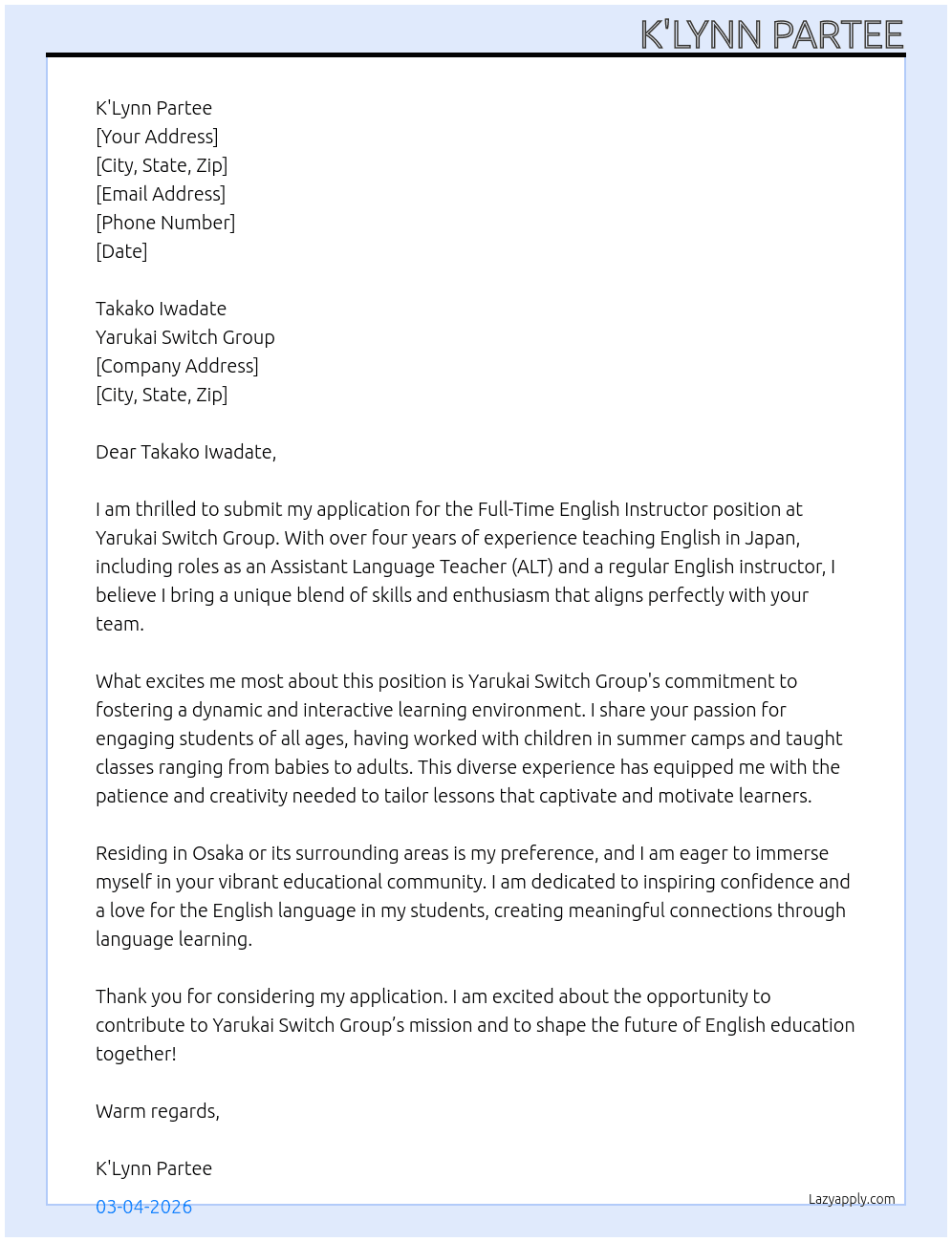 English Instructor  At Yarukai Switch Group Cover Letter