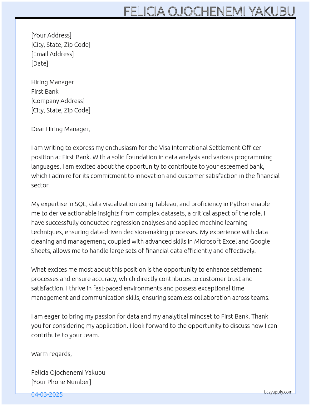 Visa international Settlement Officer  At First Bank  Cover Letter
