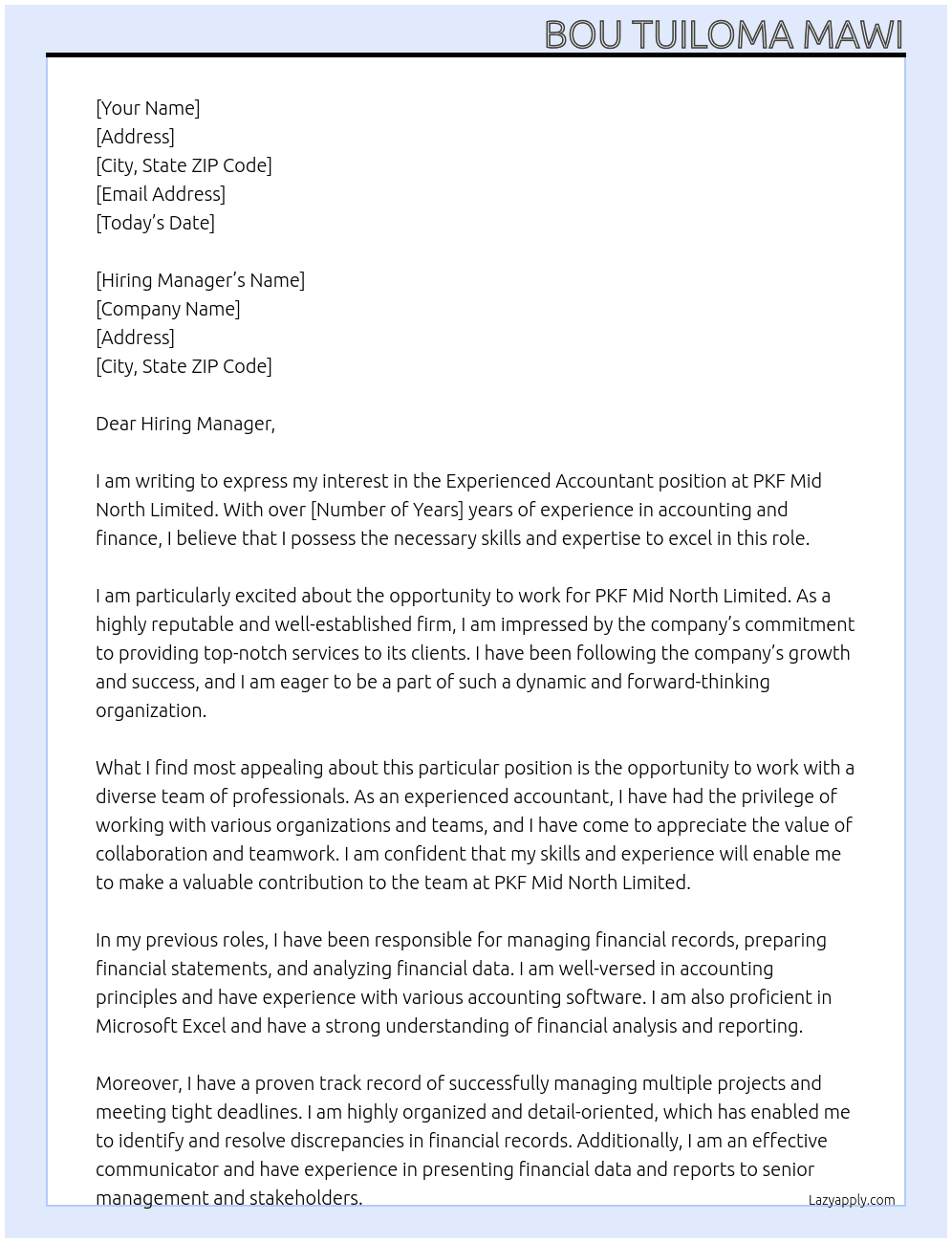 Experienced Accountant At PKF Mid North Limited Cover Letter