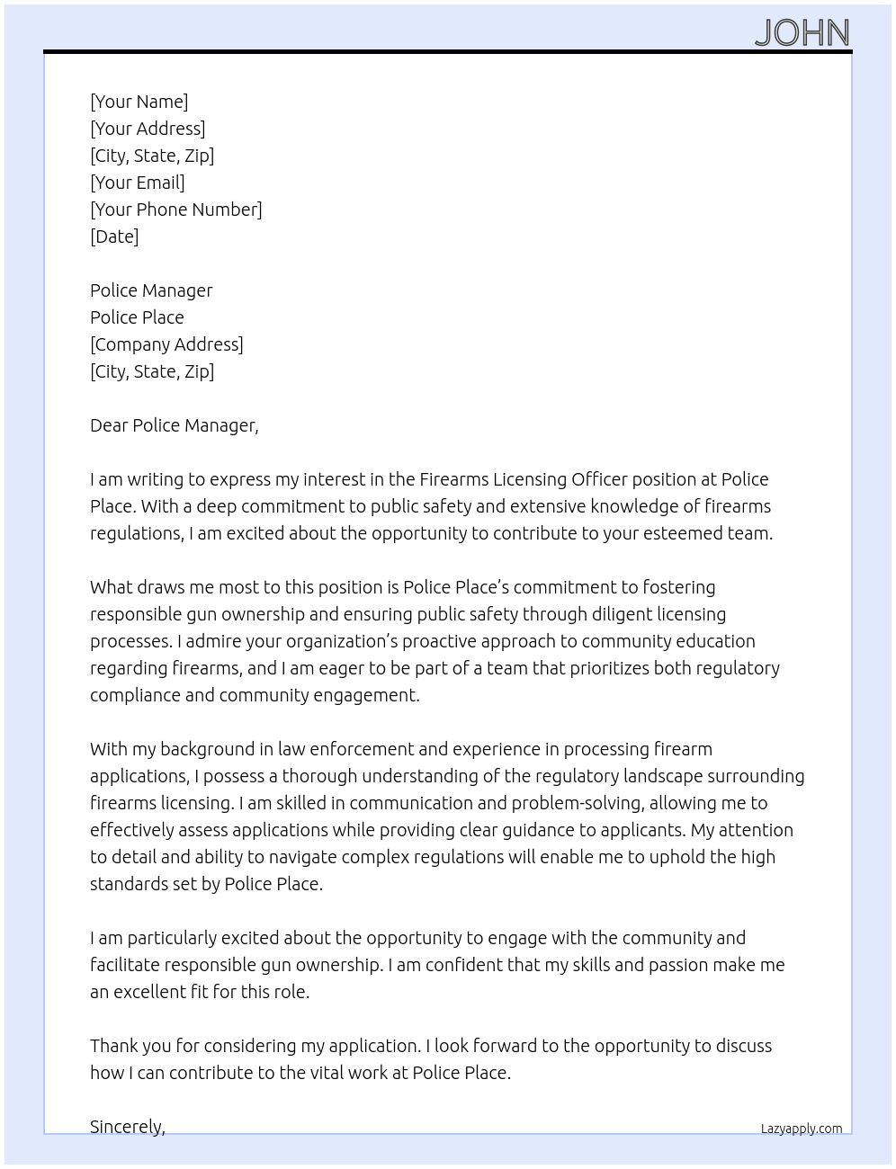 Firearms Licensing officer At police place Cover Letter