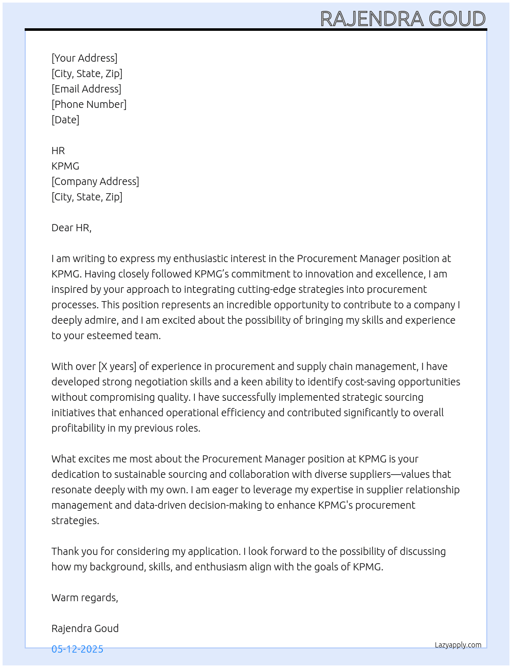 Procurement Manager At KPMG Cover Letter