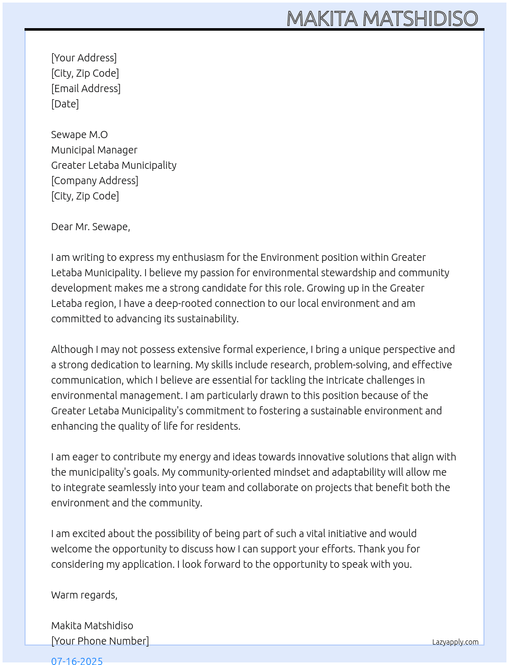 Environment  At Greater Letaba Municipality  Cover Letter