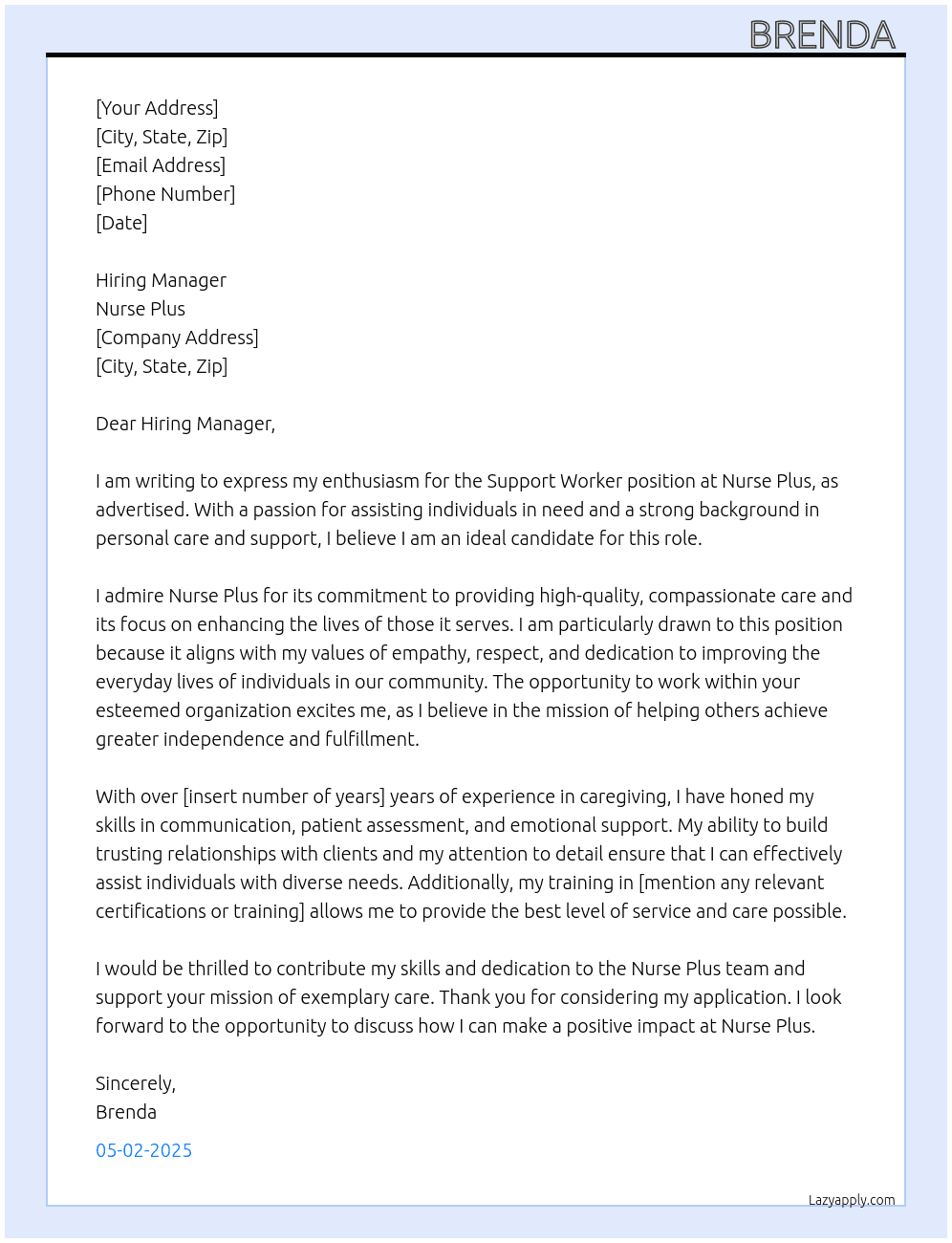 Support worker  At Nurse plus Cover Letter